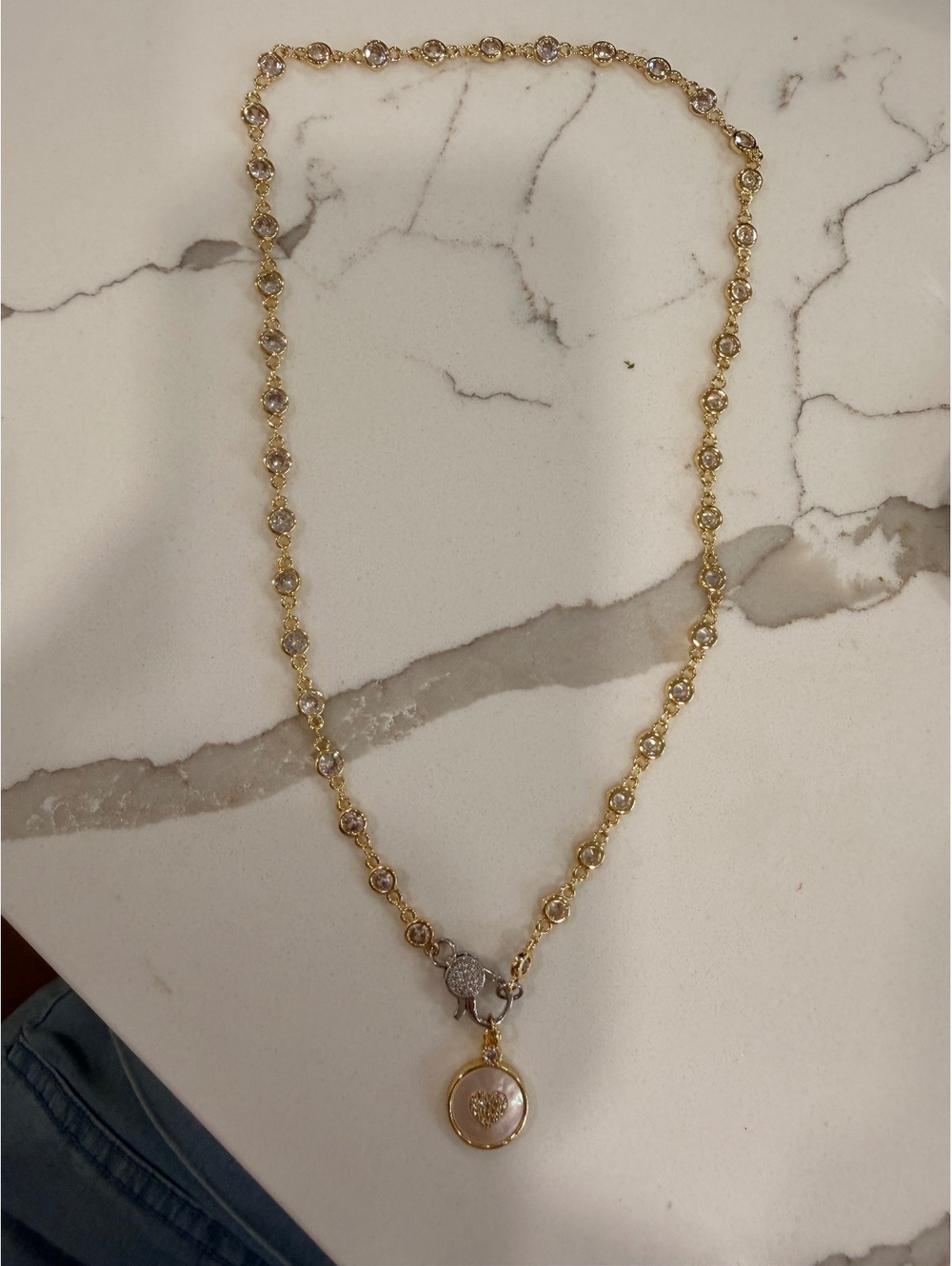 Elegant Gold Tone Necklace with Heart Pendant and Crystal Accents